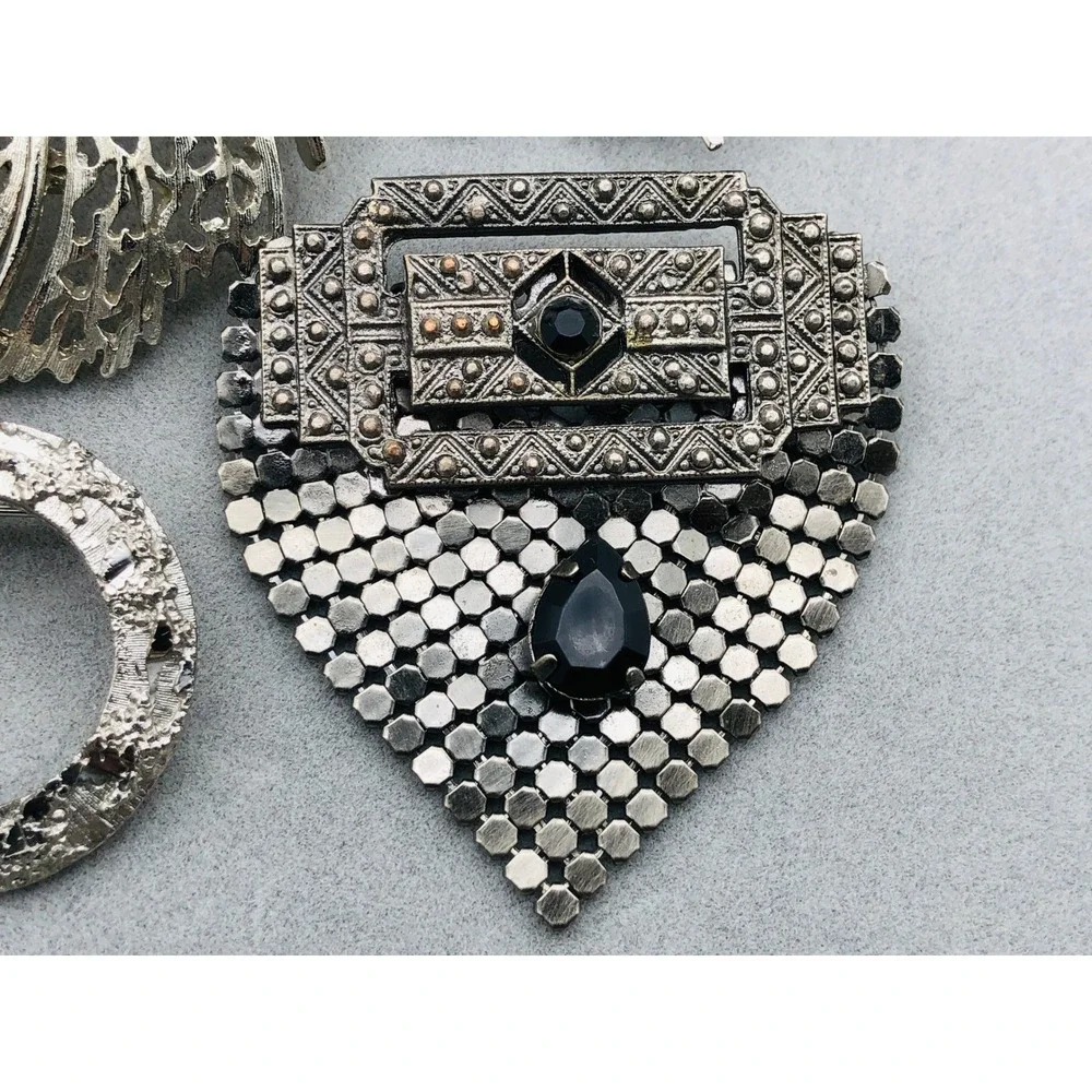 Vintage Mixed Brand Brooch Pin Lot Silver‎ Tone Metal Rhinestone Mesh Art Deco